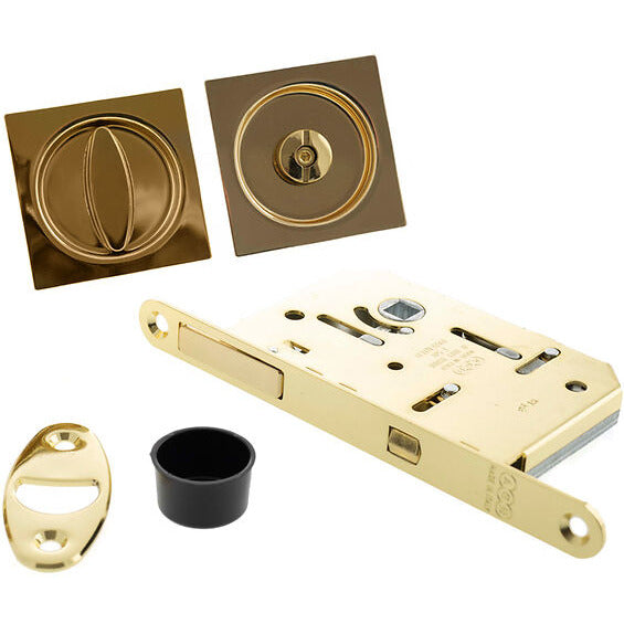 AGB Sliding Door Bathroom Lock Set with Square Flush Handle - Polished Brass - B046515003 - Choice Handles