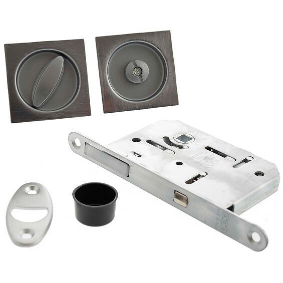 AGB Sliding Door Bathroom Lock Set with Square Flush Handle - Satin Chrome - B046515034 - Choice Handles