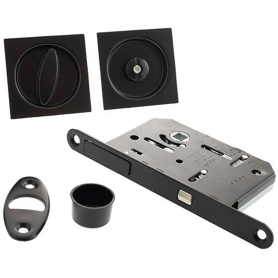 AGB Sliding Door Bathroom Lock Set with Square Flush Handle - Matt Black - B046515093 - Choice Handles