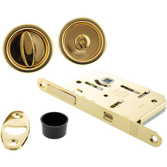 AGB Sliding Door Bathroom Lock Set with Round Flush Handle - Polished Brass - B046815003 - Choice Handles