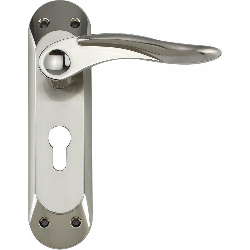Darcel - Alzette Lever Latch Handle On Back Plate, Satin Nickel/Polished Nickel - DCALLT-SNNP - Choice Handles