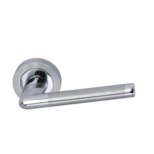 Darcel - Fleur Door Lever Handle On Round Rose, Satin Chrome/Polished Chrome - DCFLE-SPC - Choice Handles