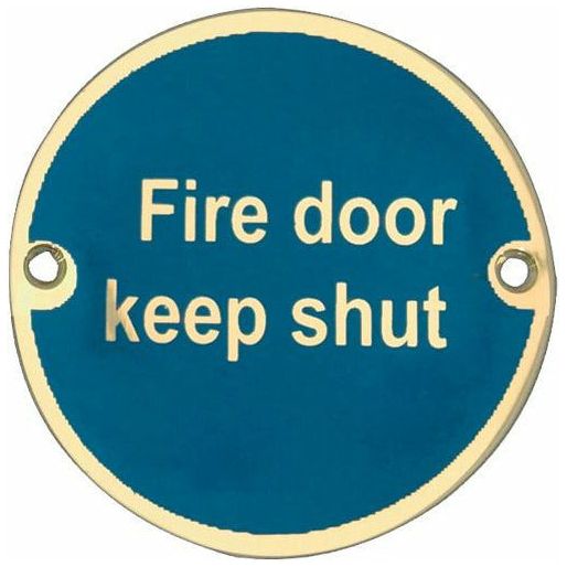 Frelan - Fire Door Keep Shut Sign 76mm dia - Polished Brass - JS100PB - Choice Handles