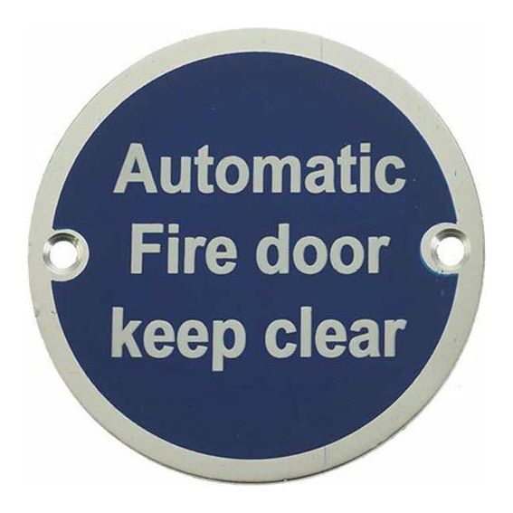 Frelan - Automatic Fire Door Keep Clear Sign 76mm dia - Satin Anodized Aluminium - JS110SAA - Choice Handles