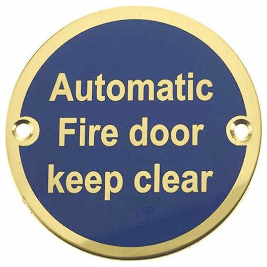 Frelan - Automatic Fire Door Keep Clear Sign 76mm dia - Polished Brass - JS110PB - Choice Handles