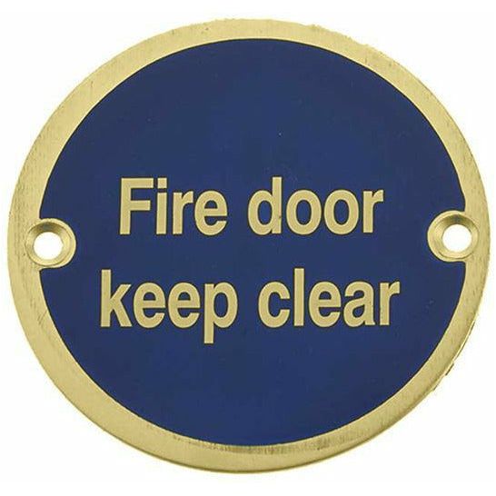 Frelan - Fire Door Keep Clear Sign 76mm dia - Polished Brass - JS108PB - Choice Handles