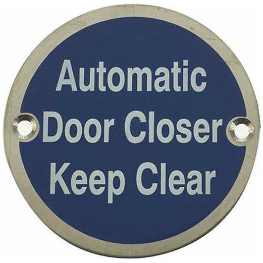 Frelan - Automatic Door Closer Keep Clear Sign 76mm dia - Satin Stainless Steel - JS111SSS - Choice Handles
