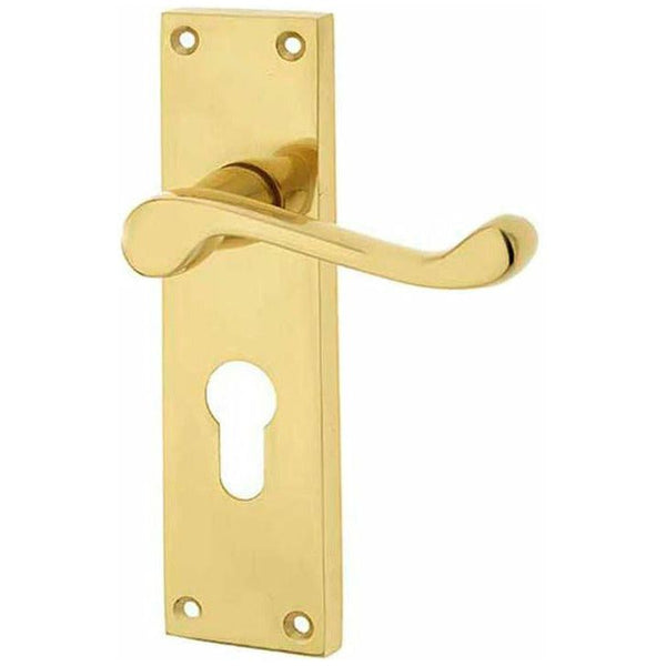 Frelan - Scroll Door Handles On Backplate - Euro Profile - Polished Brass - JV10EPB - Choice Handles