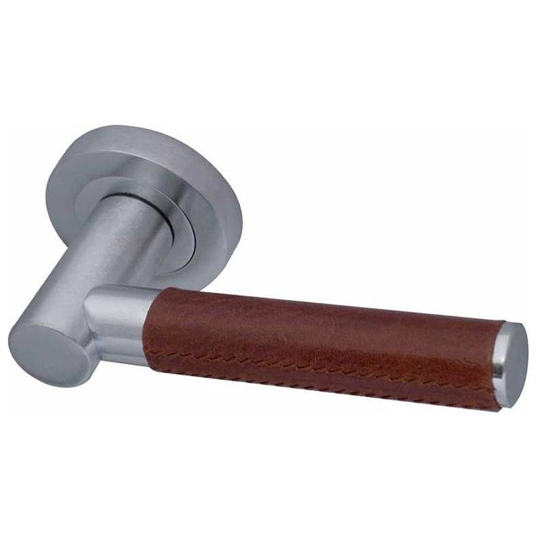 Frelan - Paja Ascot Brown Leather Door Handles On Round Rose - Satin Chrome - JV4006SC - Choice Handles
