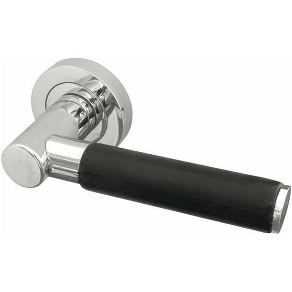 Frelan - Paja Ascot Black Leather Door Handles On Round Rose - Polished Chrome - JV4010PC - Choice Handles