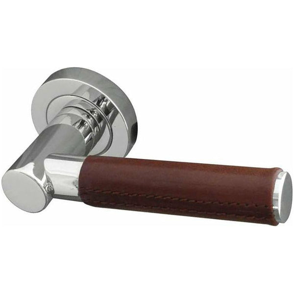 Frelan - Paja Ascot Brown Leather Door Handles On Round Rose - Polished Chrome - JV4006PC - Choice Handles