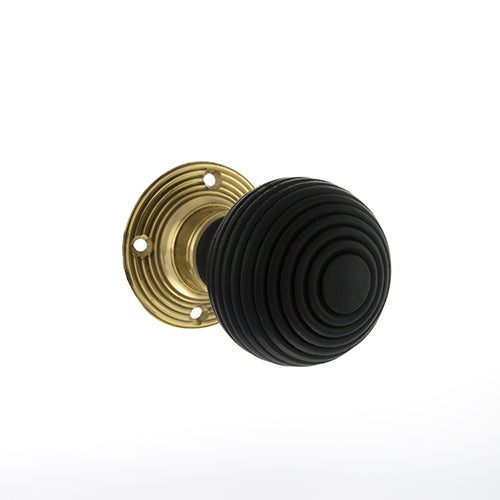 Atlantic - Old English Whitby Ebony Wood Reeded Mortice Knob on 60mm Face Fix Rose - Polished Brass - OE60RREMKPB - Choice Handles