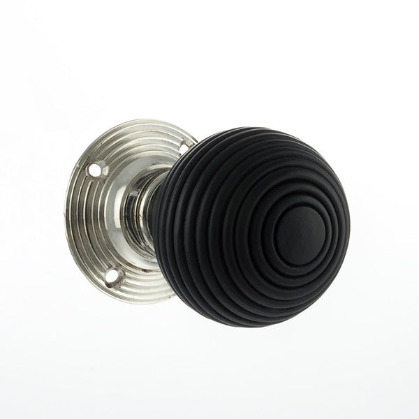 Atlantic - Old English Whitby Ebony Wood Reeded Mortice Knob on 60mm Face Fix Rose - Polished Nickel - OE60RREMKPN - Choice Handles