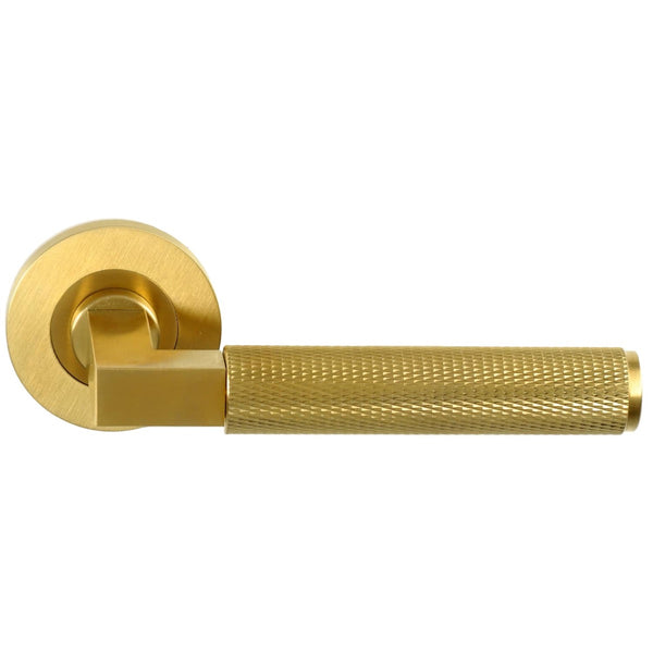 Alexander and Wilks - Hurricane Knurled Lever on Round Rose - Satin Brass PVD - AW200SBPVD - Choice Handles