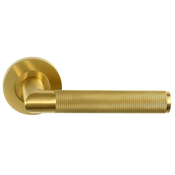 Alexander and Wilks - Harrier Knurled Lever on Round Rose - Satin Brass PVD - AW210SBPVD - Choice Handles