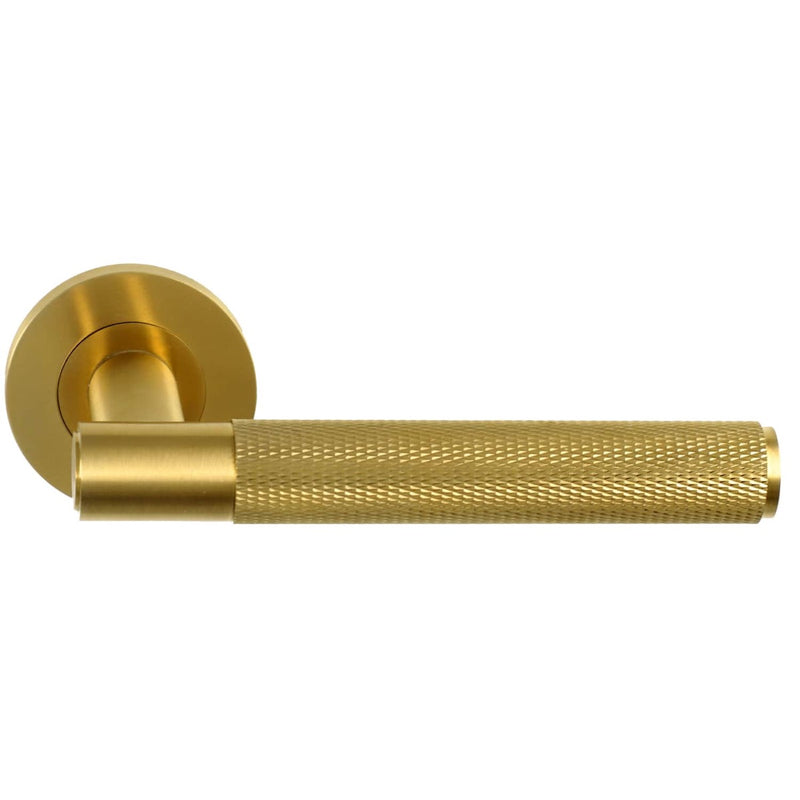 Alexander and Wilks - Spitfire Knurled Lever on Round Rose - Satin Brass PVD - AW220SBPVD - Choice Handles