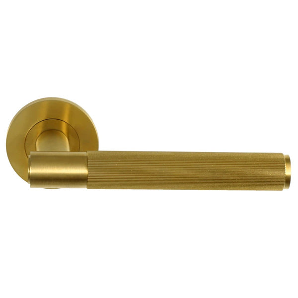 Alexander and Wilks - Spitfire Reeded Lever on Round Rose - Satin Brass PVD - AW222SBPVD - Choice Handles