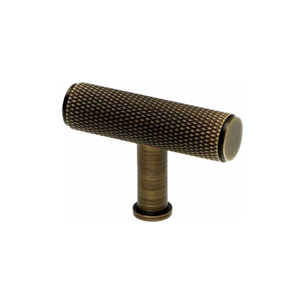 Alexander and Wilks - Crispin Knurled T-bar Cupboard Knob - Antique Brass - 55mm - AW801-55-AB - Choice Handles