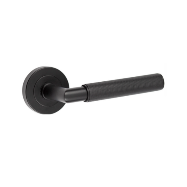 Frelan - Nero Mitred Knurled Lever Door Handle on Round Rose - Matt Black - JMB400 - Choice Handles