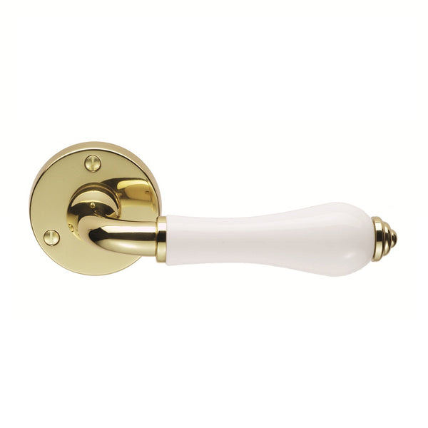 Carlisle Brass - Porcelain Lever on Round Rose - Plain White / Polished Brass - PLW - Choice Handles