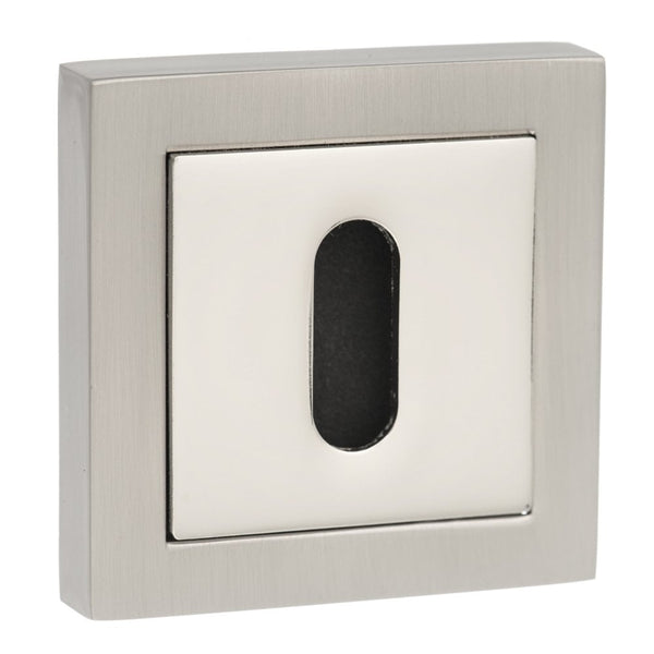 Atlantic Senza Pari Key Escutcheon on Square Rose - Satin Nickel/Polished Nickel - SPCESCKSNNP - Choice Handles